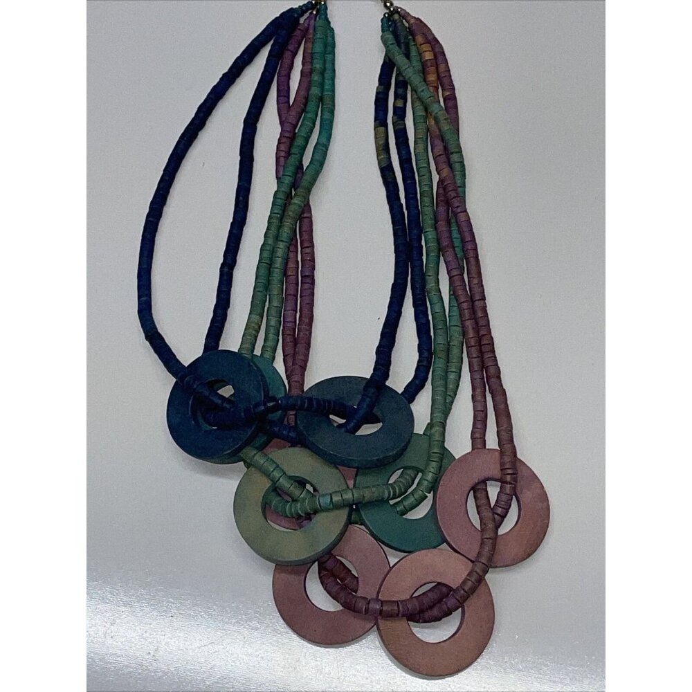 Vintage multi strand multi color purple green & blue wood beaded necklace Circle - Picture 11 of 15